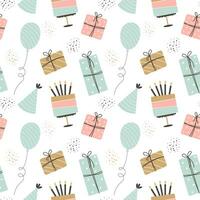 Seamless pattern Happy Birthday. Cakes, balloons, gift boxes and party hats. Festive background in simple style with golden sparkles, vector