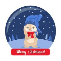 linda conejito Conejo en un Navidad vaso pelota y congratulatorio texto. nuevo años regalo, presente, tarjeta postal, vector