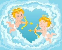 Cute cupid angels with bows and arrows in the clouds in the sky. Illustration for wedding, valentine, vector