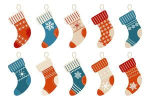 Winter Christmas socks with snowflake ornament, stickers set. Icons, vector