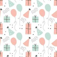Seamless pattern Happy Birthday. Cakes, balloons, gift boxes and party hats. Festive background in simple style, vector