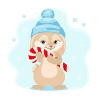 Cute bunny with Christmas candy on the background of snowflakes. Christmas illustration, kids print, vector