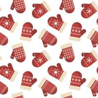 Seamless pattern, winter red christmas mittens with snowflake ornament. Background, print, vector