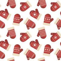 Seamless pattern, winter red christmas mittens with snowflake ornament. Background, print, vector