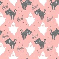 Seamless pattern, cute ghosts, cats and the word boo on a pink background. Halloween print, background, textile, vector