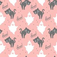 Seamless pattern, cute ghosts, cats and the word boo on a pink background. Halloween print, background, textile, vector