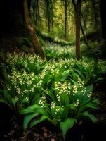 Enchanting Lily of the Valley in a Magical Forest. Generative AI. photo