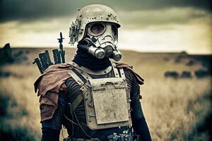 Retrofuturistic Cyborg WWI Soldier on the Battlefield   generative ai photo