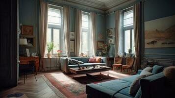 un elegante americano vivo habitación en 1950s estilo generativo ai foto