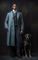 elegante negro hombre con americano estilo Saco y grande perro generativo ai foto