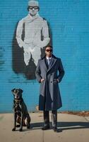 Elegant Black Man with American Style Coat and Large Dog   generative ai photo