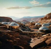 Human Colony on Mars Red Horizon Settlement   generative ai photo