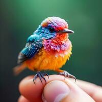 microcósmico armonía generativo ai capturas delicado pájaro encaramado en dedo foto