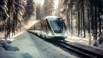 Futuristic Train Journey Through Frozen Forest   generative ai photo