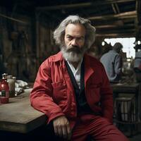 Modern Karl Marx   Red Clad Worker in AI Generated Factory Scene photo