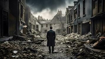 Resilience Amidst Chaos   Elegant man walking through WWII bombed city rubble   generative ai photo