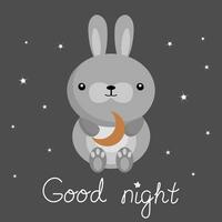 Children's Good Night card with a cute kawaii bunny on a night background with the moon and stars. Cartoon illustration with calligraphy lettering. Vector