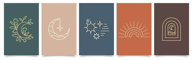 un conjunto de esotérico místico carteles con espiritual símbolos, luna, sol, estrellas, flores plantillas, tarot tarjetas, boho estilo. vector