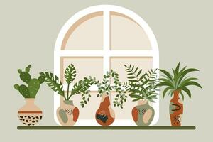 un conjunto de interior tropical plantas en varios arcilla macetas en el ventana. iconos, botánica elementos, vector