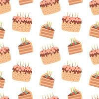 Seamless pattern, holiday cakes with holiday candles, pieces of cakes, delicious desserts, pastries, cupcakes. Food background, menu, vector