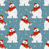 Seamless pattern, cute cartoon polar bear in a scarf and hat on a background of snowflakes. Print, textile, vector