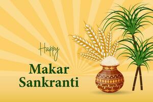 Happy Makar Sankranti, clay pot with rice, ears of wheat and bamboo stalks against the backdrop of the sun. Hindu holiday card, vector