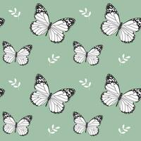 Seamless pattern, butterflies and small leaves on a green background. Print, background, textile, vector