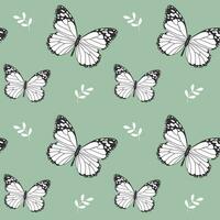 Seamless pattern, butterflies and small leaves on a green background. Print, background, textile, vector