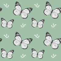 sin costura patrón, mariposas y pequeño hojas en un verde antecedentes. imprimir, fondo, textil, vector