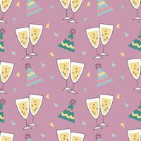 Festive seamless pattern, champagne glasses and fireworks. Festive background, print, vector