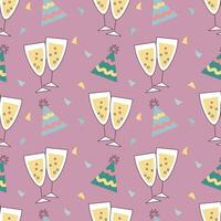 Festive seamless pattern, champagne glasses and fireworks. Festive background, print, vector