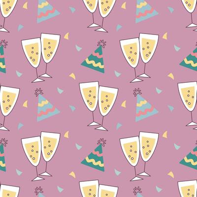 Festive seamless pattern, champagne glasses and fireworks. Festive background, print, vector