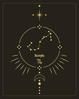 Magic astrology poster with scorpio constellation, tarot card. Golden design on a black background. Vertical illustration, vector