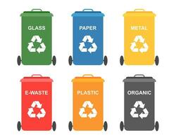 Ecology icons set. Garbage containers for waste distribution. Icons, stickers, vector