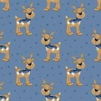 Seamless pattern, cute cartoon Christmas reindeer in Santa hats on a blue background with snowflakes. Print, textile, vector