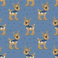 Seamless pattern, cute cartoon Christmas reindeer in Santa hats on a blue background with snowflakes. Print, textile, vector