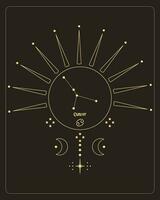 Magic astrology poster with Cancer constellation, tarot card. Golden design on a black background. Vertical illustration, vector