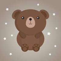 Cute bear kawaii character on starry background, toy animal. Illustration, children's print, postcard, vector