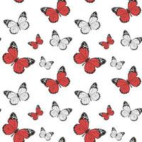 sin costura patrón, rojo mariposas con un negro modelo en un blanco antecedentes. imprimir, fondo, textil, vector