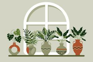 un conjunto de interior tropical plantas en varios arcilla macetas en el ventana. iconos, botánica elementos, vector