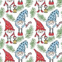 Seamless pattern, cute gnomes with Christmas candies and fir branches. Print, children's textile, vector