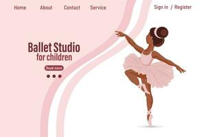 Dancing little girl ballerina on background with text Ballet studio for children. Banner, web illustration, poster, vector