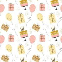 Seamless pattern Happy Birthday. Cakes, balloons, gift boxes and party hats. Festive background in simple style with golden sparkles, vector