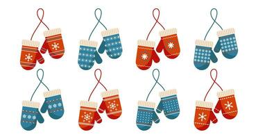 Set of mittens with snowflake ornament. Print, Christmas decor elements, vector