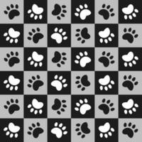 Seamless pattern, cat and dog footprints on a checkered background. Black and white simple design. Print, background, wallpaper, vector