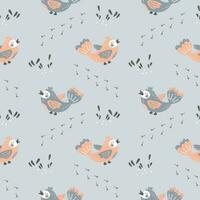 Seamless pattern, cute cartoon pink birds and paw prints on a gray background. Print, textile, vector