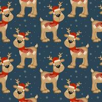 Seamless pattern, cute cartoon Christmas reindeer in Santa hats on a blue background with snowflakes. Print, textile, vector