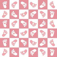 Seamless pattern, pink baby footprints, steps on a checkered background. Print, textile, background, vector