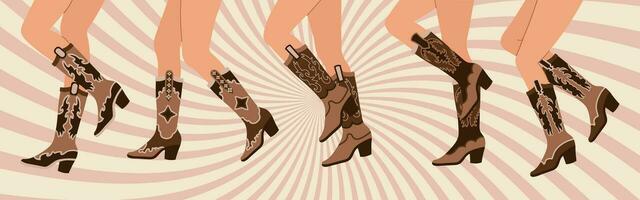 Set of legs in cowboy boots. Various cowgirl boots. Cowboy western theme, wild west, texas. Hand drawn color trendy illustration, vector