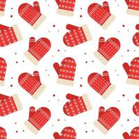 Seamless pattern, winter red christmas mittens with snowflake ornament. Background, print, vector